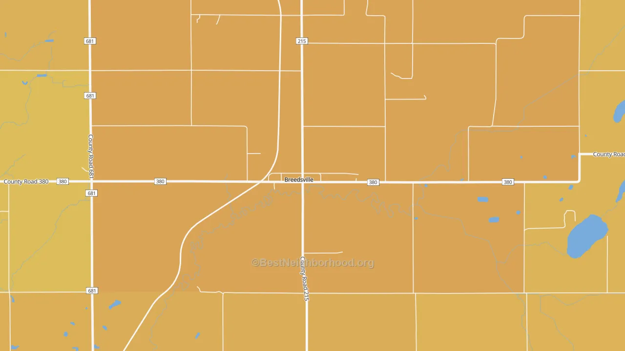 Map of the best neighborhoods in the 49027 area, with better matches in green and worse matches in red