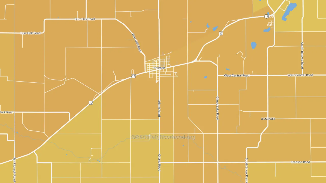 Map of the best neighborhoods in the 49028 area, with better matches in green and worse matches in red