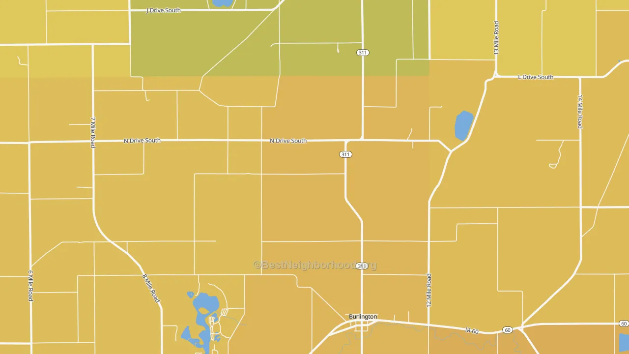 Map of the best neighborhoods in the 49029 area, with better matches in green and worse matches in red
