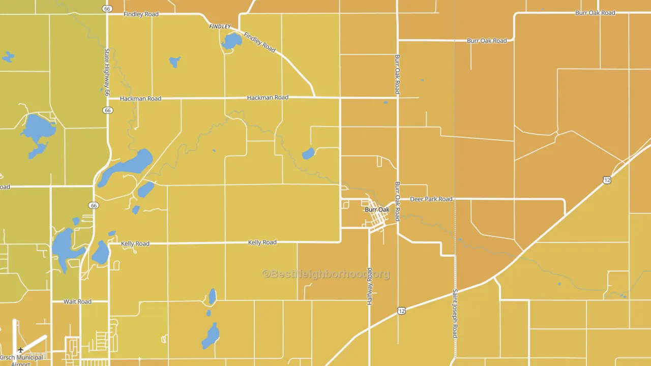 Map of the best neighborhoods in the 49030 area, with better matches in green and worse matches in red
