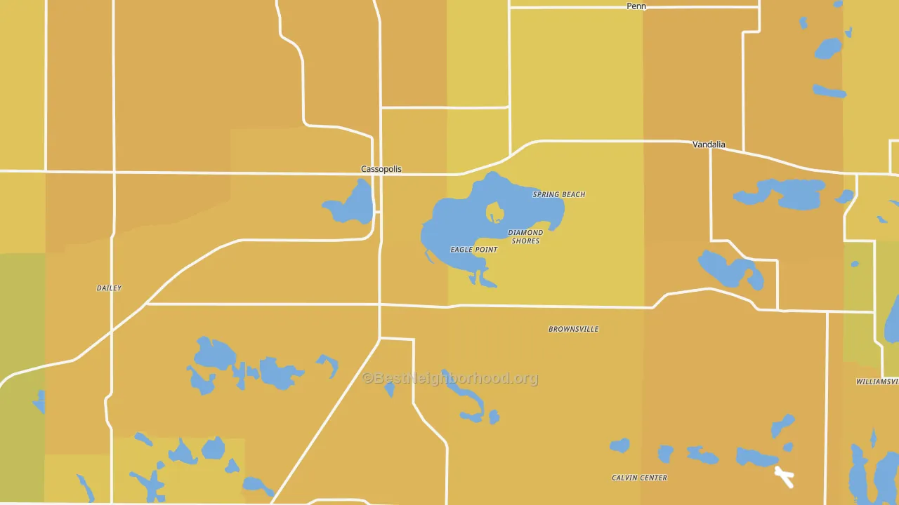 Map of the best neighborhoods in the 49031 area, with better matches in green and worse matches in red