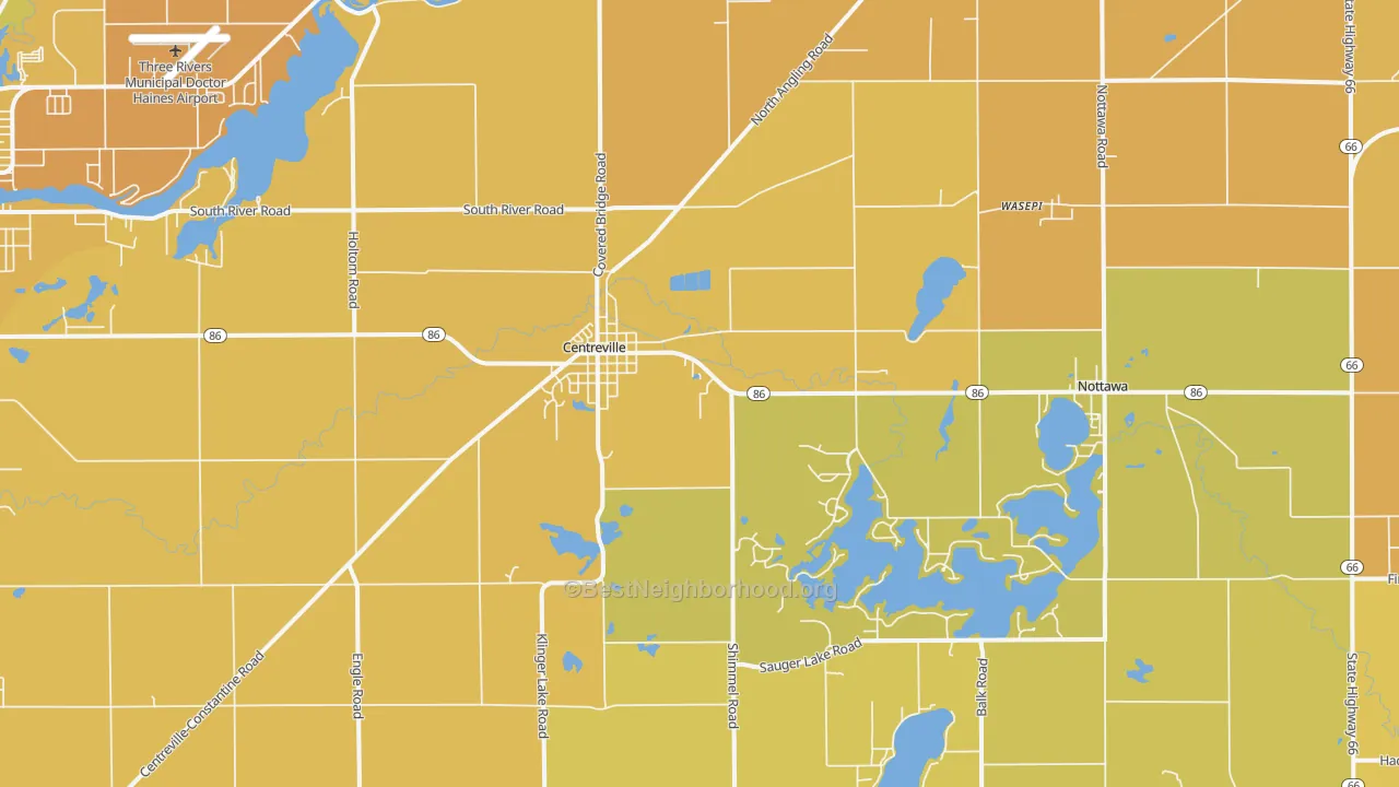 Map of the best neighborhoods in the 49032 area, with better matches in green and worse matches in red