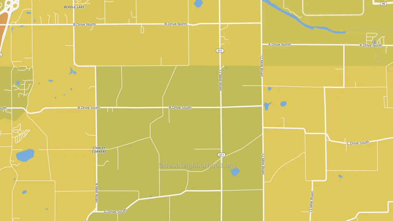 Map of the best neighborhoods in the 49033 area, with better matches in green and worse matches in red