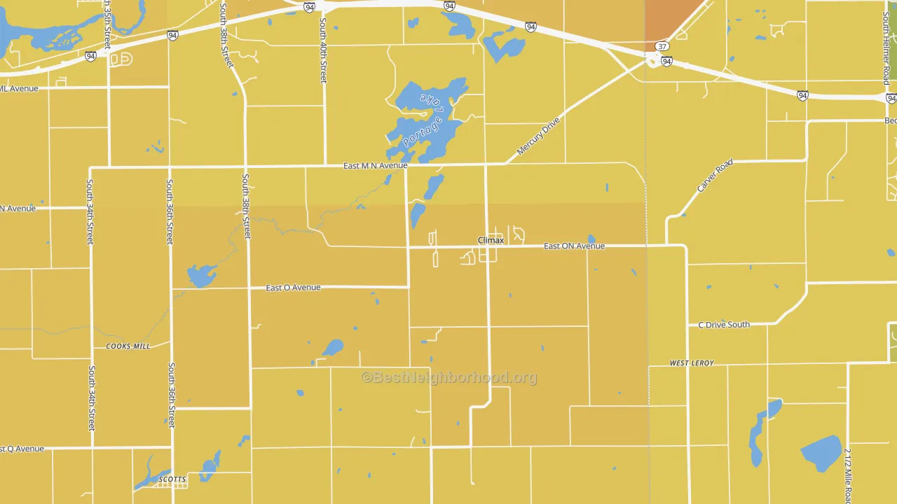 Map of the best neighborhoods in the 49034 area, with better matches in green and worse matches in red