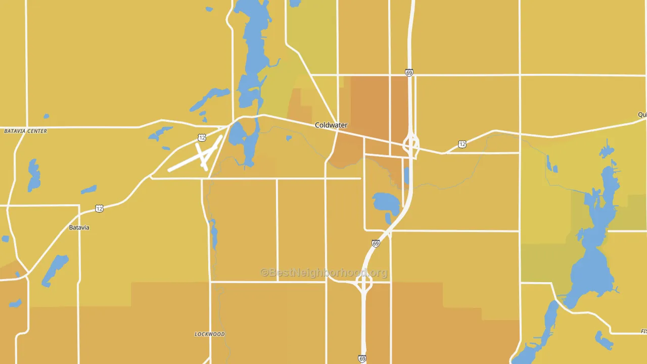Map of the best neighborhoods in the 49036 area, with better matches in green and worse matches in red