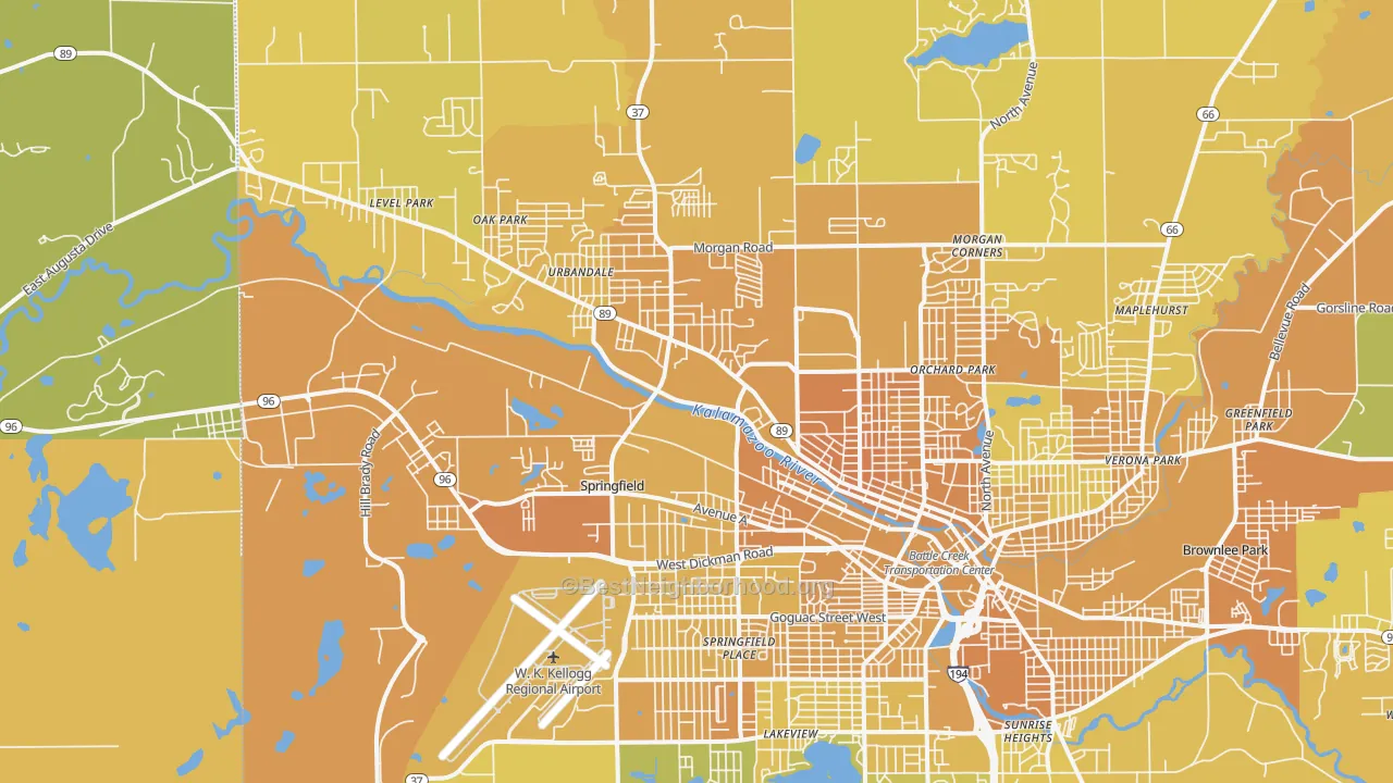 Map of the best neighborhoods in the 49037 area, with better matches in green and worse matches in red