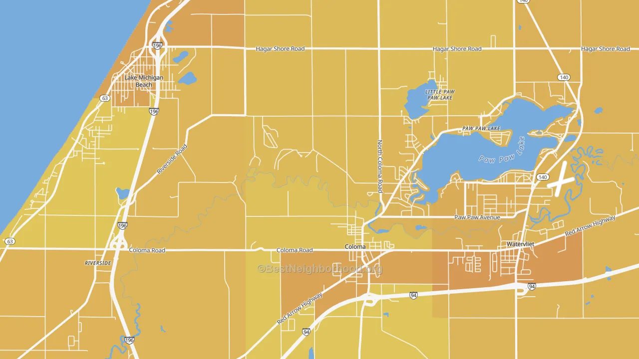 Map of the best neighborhoods in the 49038 area, with better matches in green and worse matches in red