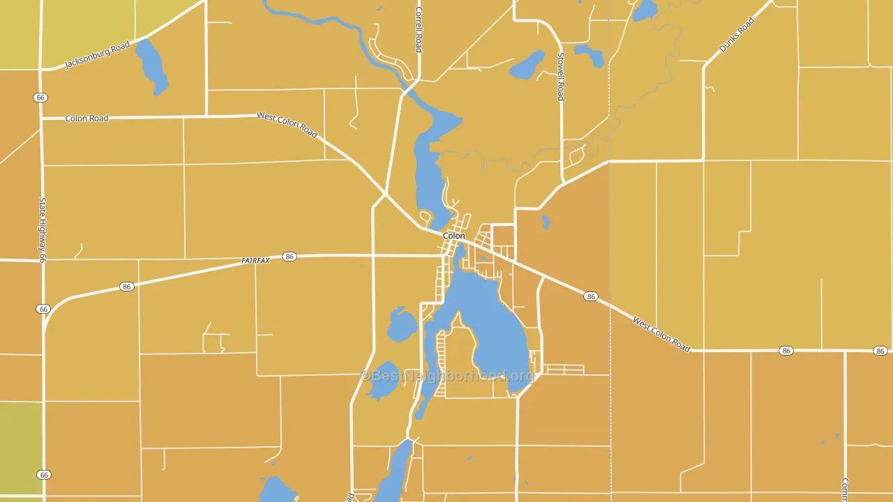 Map of the best neighborhoods in the 49040 area, with better matches in green and worse matches in red