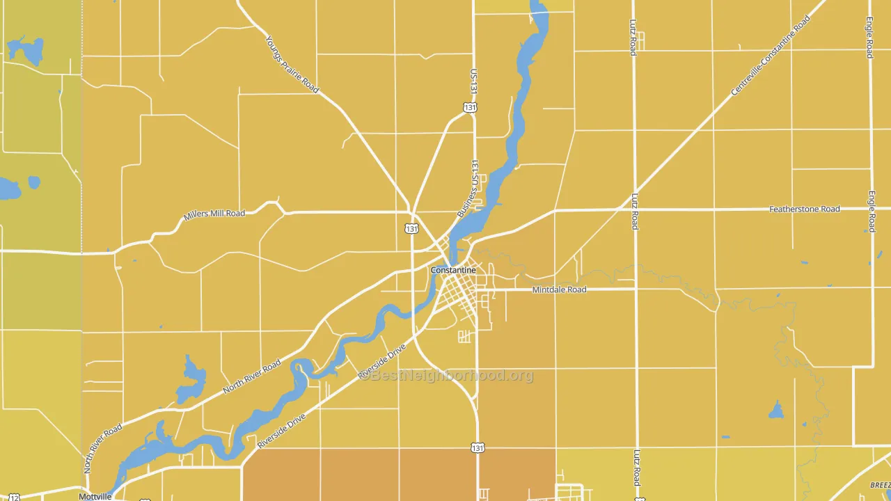 Map of the best neighborhoods in the 49042 area, with better matches in green and worse matches in red