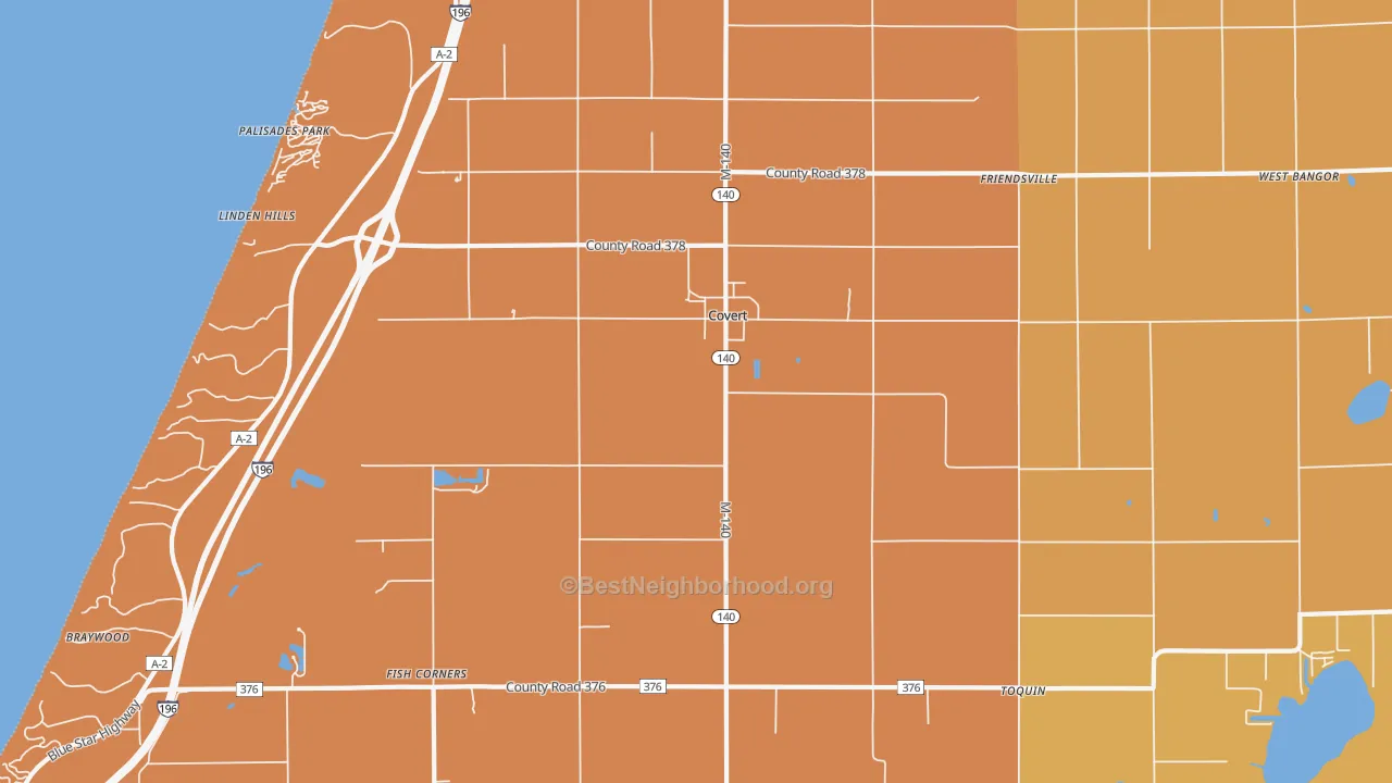 Map of the best neighborhoods in the 49043 area, with better matches in green and worse matches in red