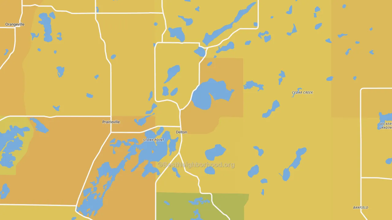 Map of the best neighborhoods in the 49046 area, with better matches in green and worse matches in red