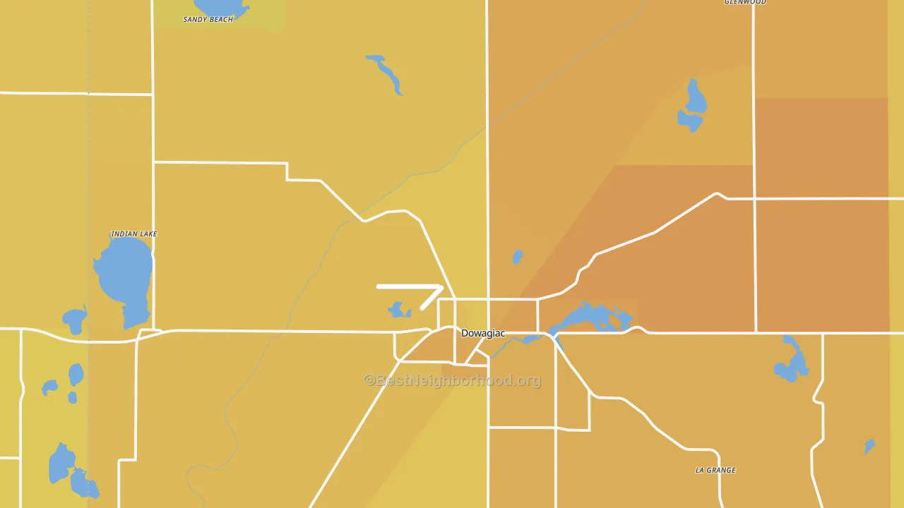 Map of the best neighborhoods in the 49047 area, with better matches in green and worse matches in red