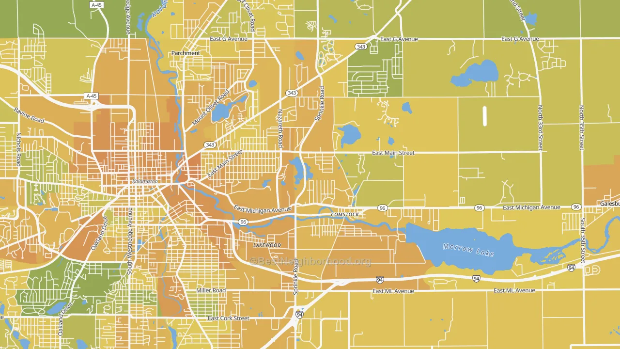 Map of the best neighborhoods in the 49048 area, with better matches in green and worse matches in red