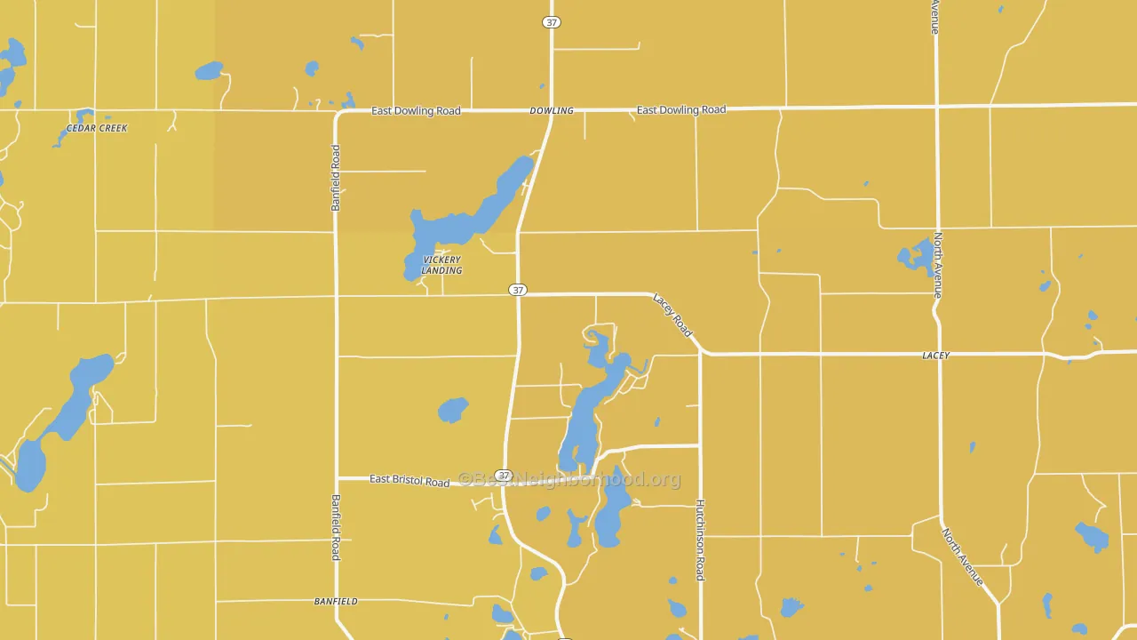 Map of the best neighborhoods in the 49050 area, with better matches in green and worse matches in red