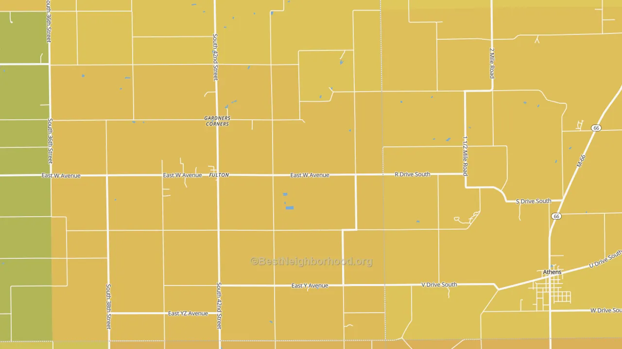 Map of the best neighborhoods in the 49052 area, with better matches in green and worse matches in red