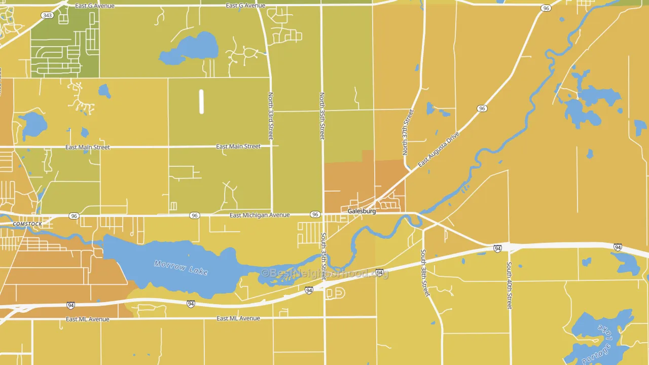Map of the best neighborhoods in the 49053 area, with better matches in green and worse matches in red