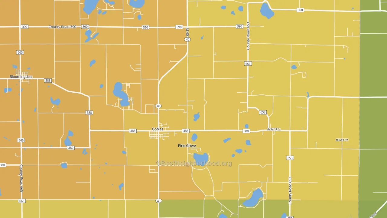 Map of the best neighborhoods in the 49055 area, with better matches in green and worse matches in red