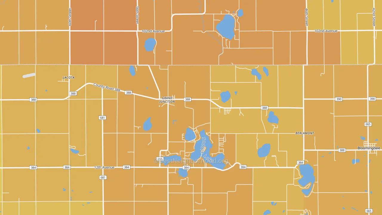 Map of the best neighborhoods in the 49056 area, with better matches in green and worse matches in red
