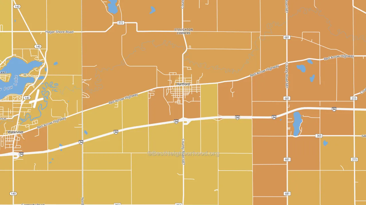 Map of the best neighborhoods in the 49057 area, with better matches in green and worse matches in red