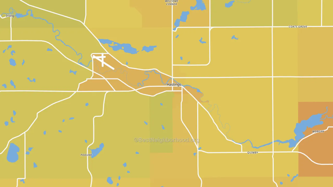 Map of the best neighborhoods in the 49058 area, with better matches in green and worse matches in red