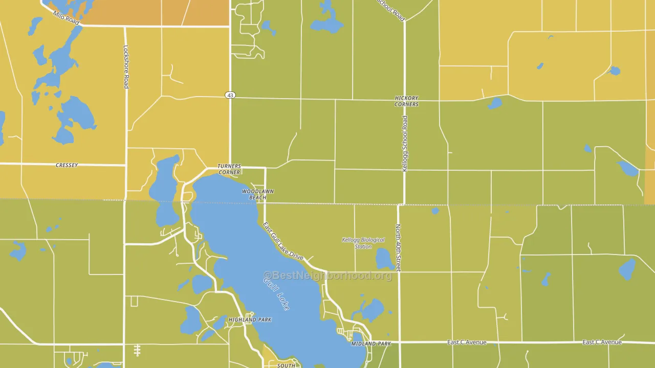 Map of the best neighborhoods in the 49060 area, with better matches in green and worse matches in red