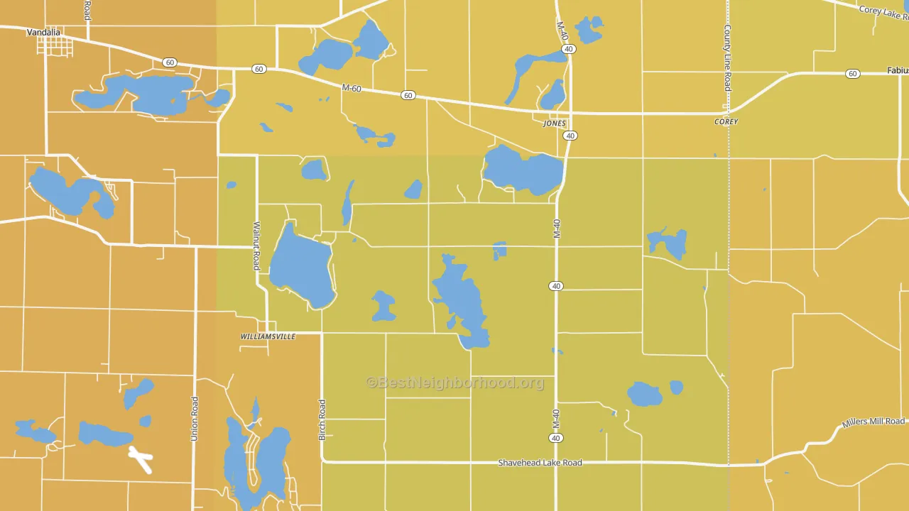 Map of the best neighborhoods in the 49061 area, with better matches in green and worse matches in red