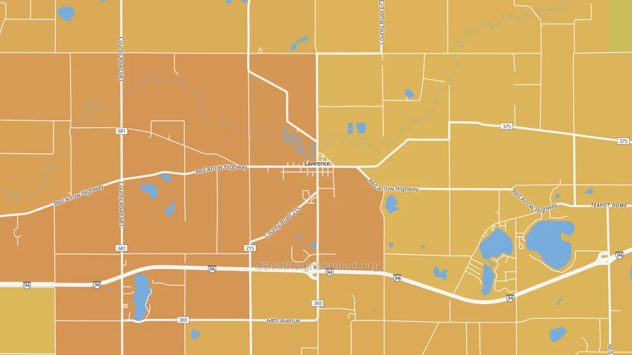 Map of the best neighborhoods in the 49064 area, with better matches in green and worse matches in red