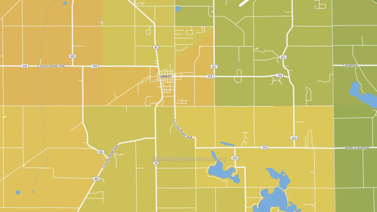 Map of the best neighborhoods in the 49065 area, with better matches in green and worse matches in red