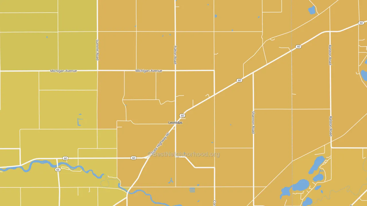 Map of the best neighborhoods in the 49066 area, with better matches in green and worse matches in red