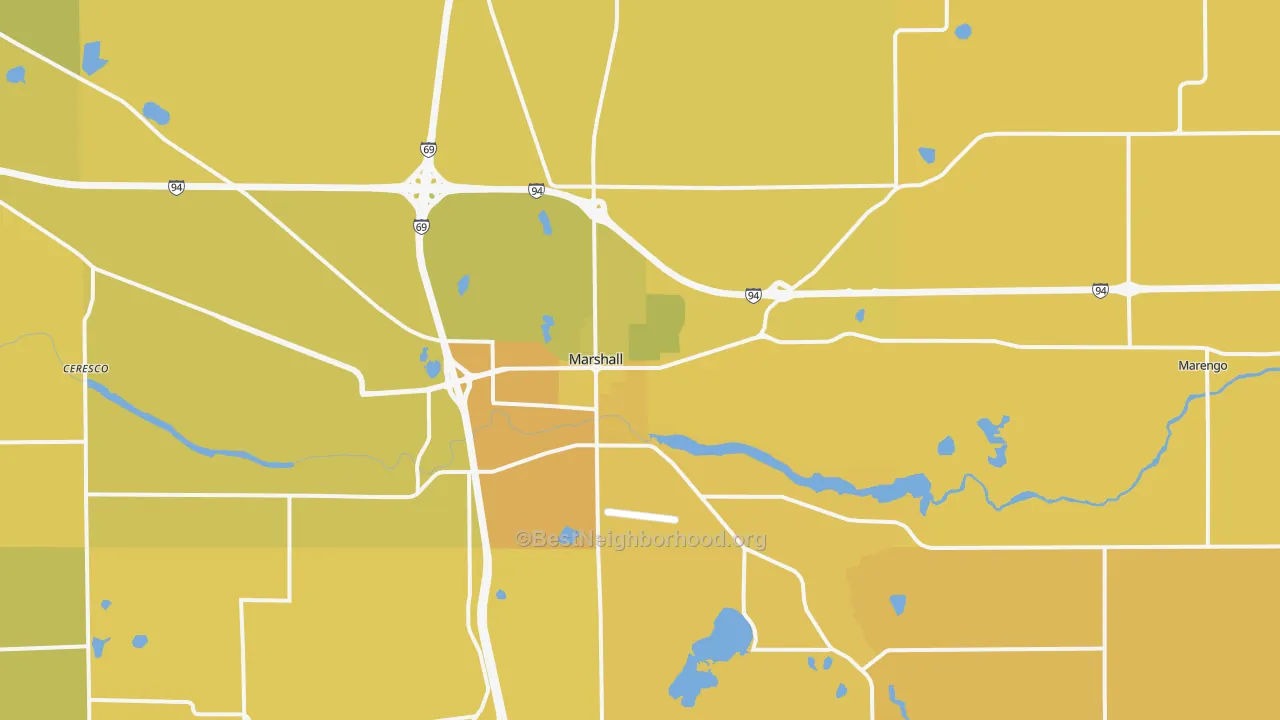 Map of the best neighborhoods in the 49068 area, with better matches in green and worse matches in red