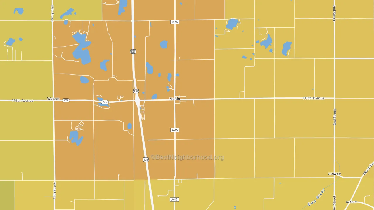 Map of the best neighborhoods in the 49070 area, with better matches in green and worse matches in red