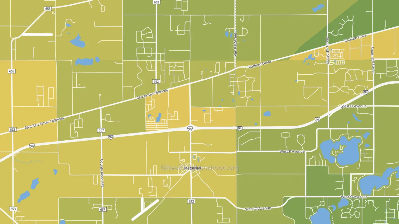 Map of the best neighborhoods in the 49071 area, with better matches in green and worse matches in red