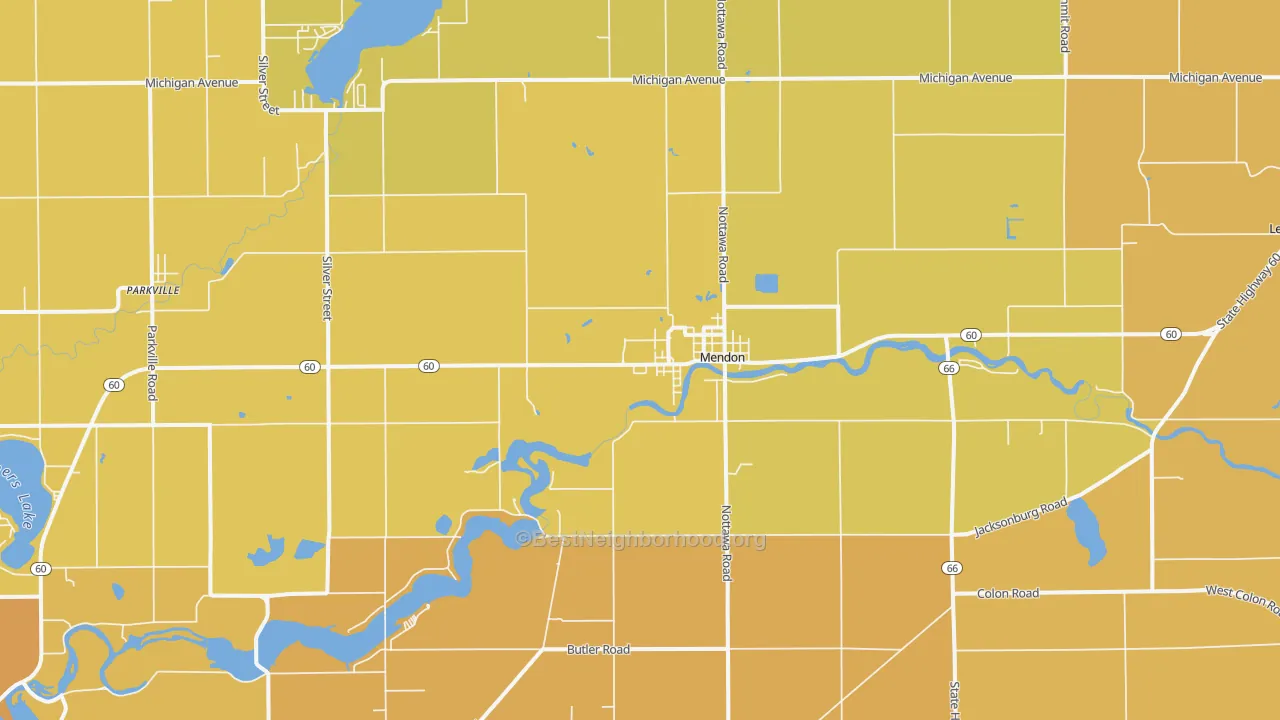 Map of the best neighborhoods in the 49072 area, with better matches in green and worse matches in red
