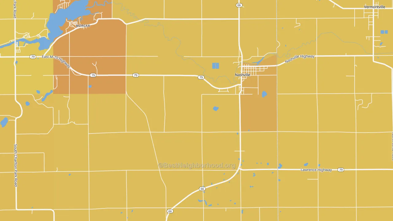 Map of the best neighborhoods in the 49073 area, with better matches in green and worse matches in red