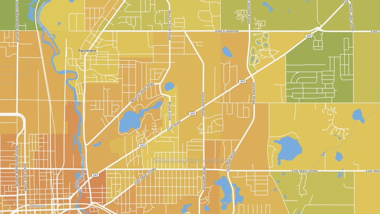 Map of the best neighborhoods in the 49074 area, with better matches in green and worse matches in red