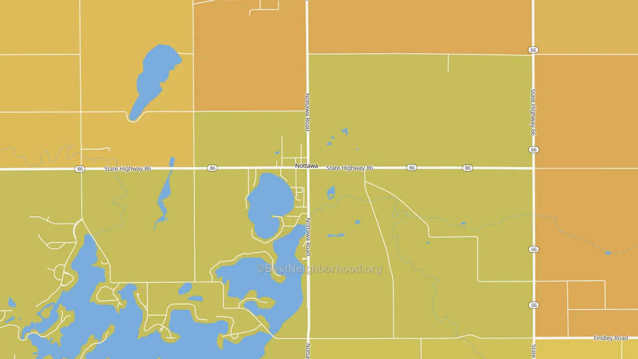 Map of the best neighborhoods in the 49075 area, with better matches in green and worse matches in red