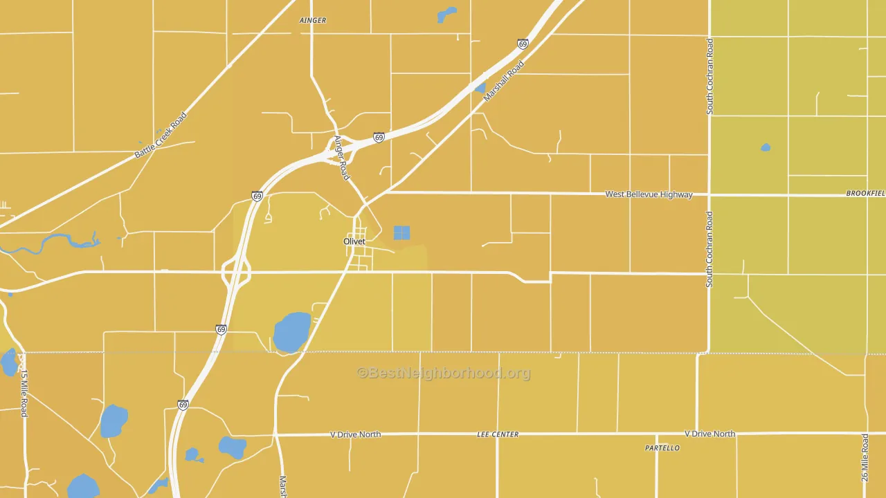 Map of the best neighborhoods in the 49076 area, with better matches in green and worse matches in red