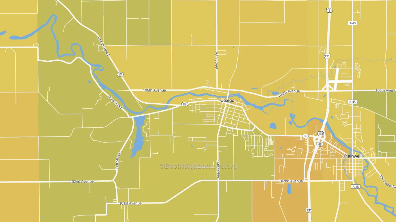 Map of the best neighborhoods in the 49078 area, with better matches in green and worse matches in red