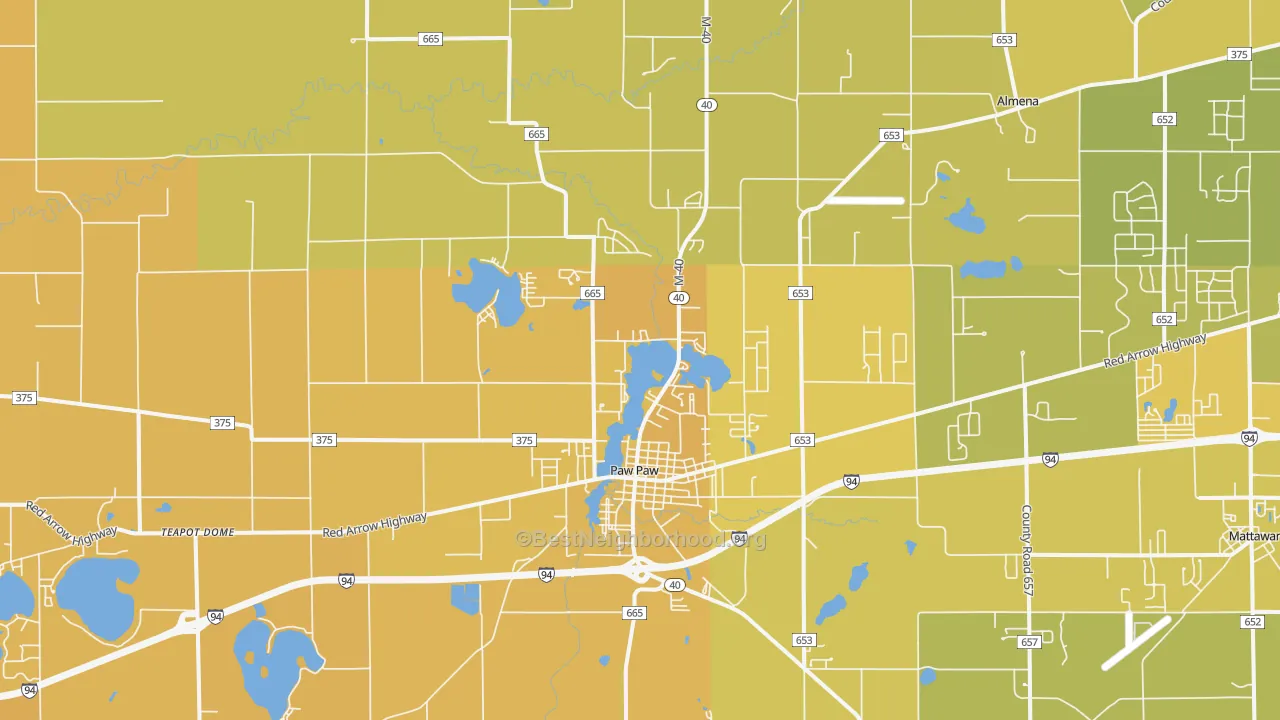 Map of the best neighborhoods in the 49079 area, with better matches in green and worse matches in red