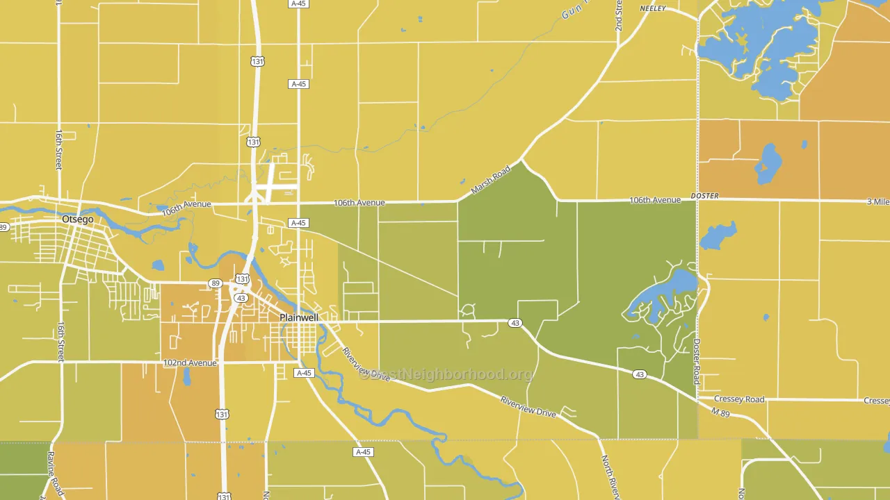 Map of the best neighborhoods in the 49080 area, with better matches in green and worse matches in red