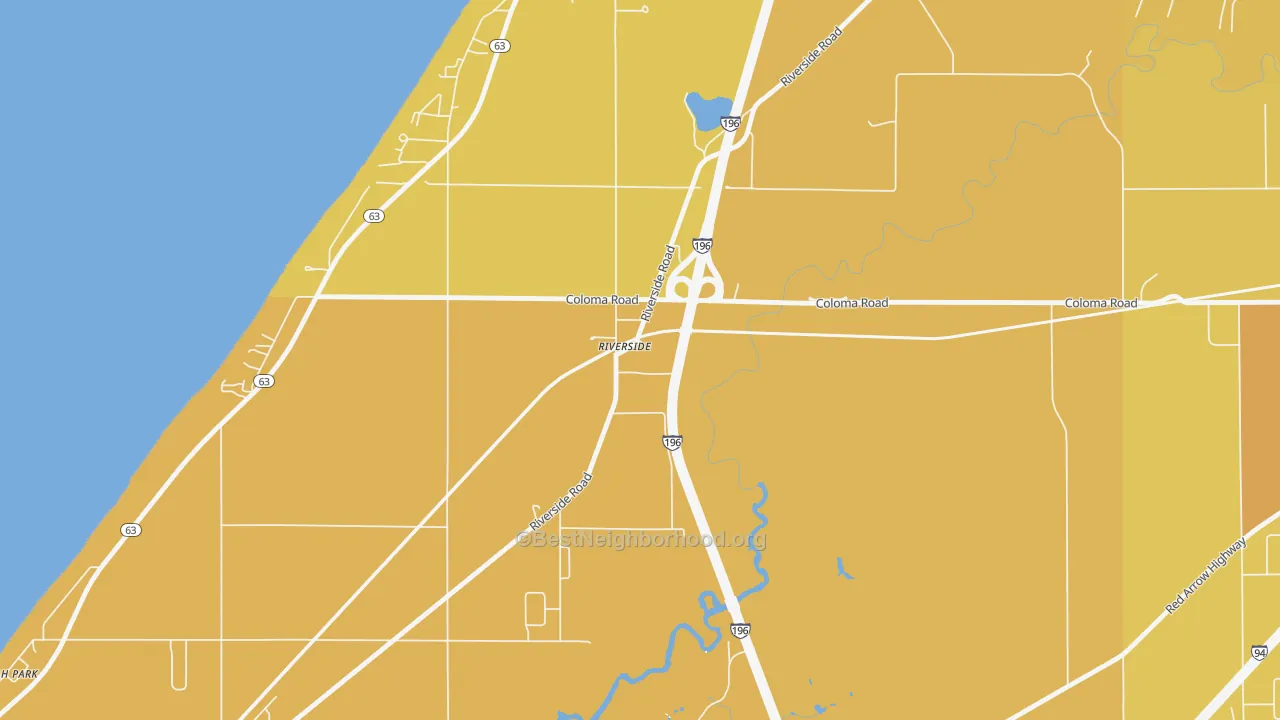 Map of the best neighborhoods in the 49084 area, with better matches in green and worse matches in red