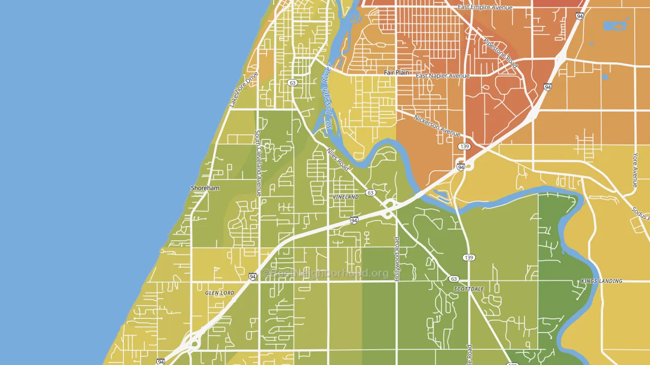 Map of the best neighborhoods in the 49085 area, with better matches in green and worse matches in red