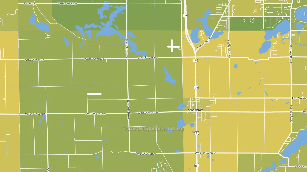 Map of the best neighborhoods in the 49087 area, with better matches in green and worse matches in red