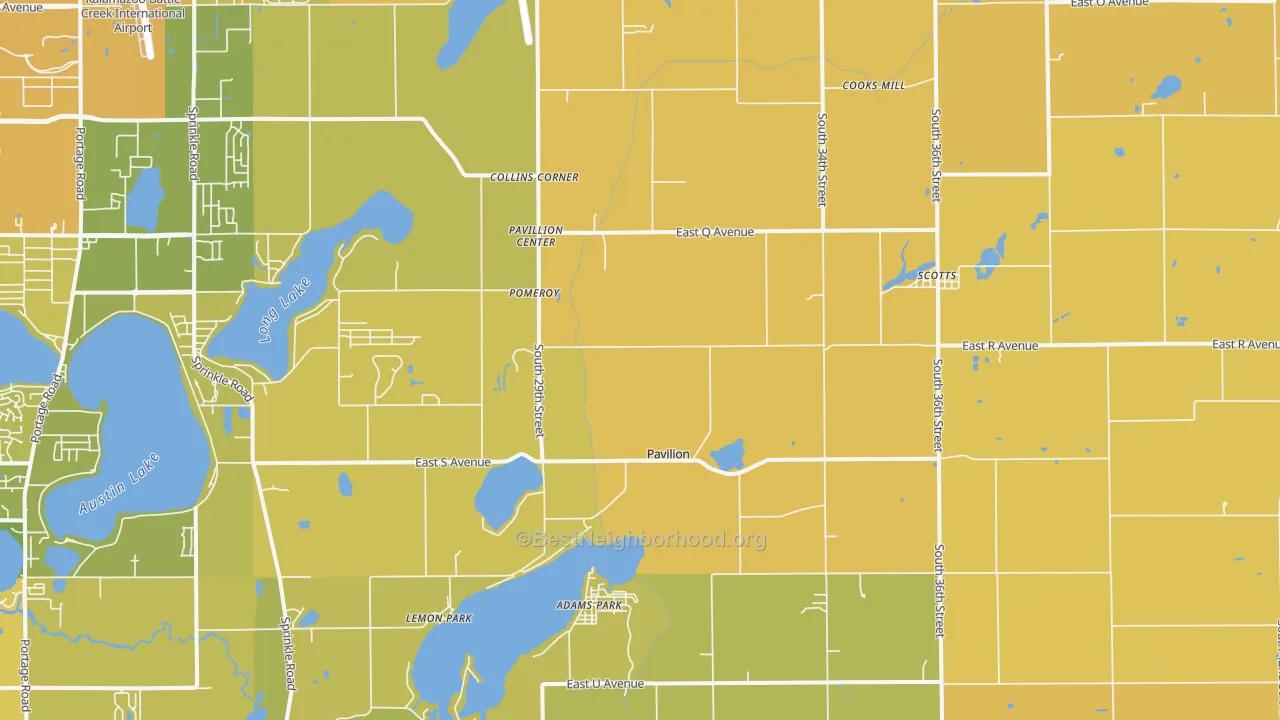 Map of the best neighborhoods in the 49088 area, with better matches in green and worse matches in red