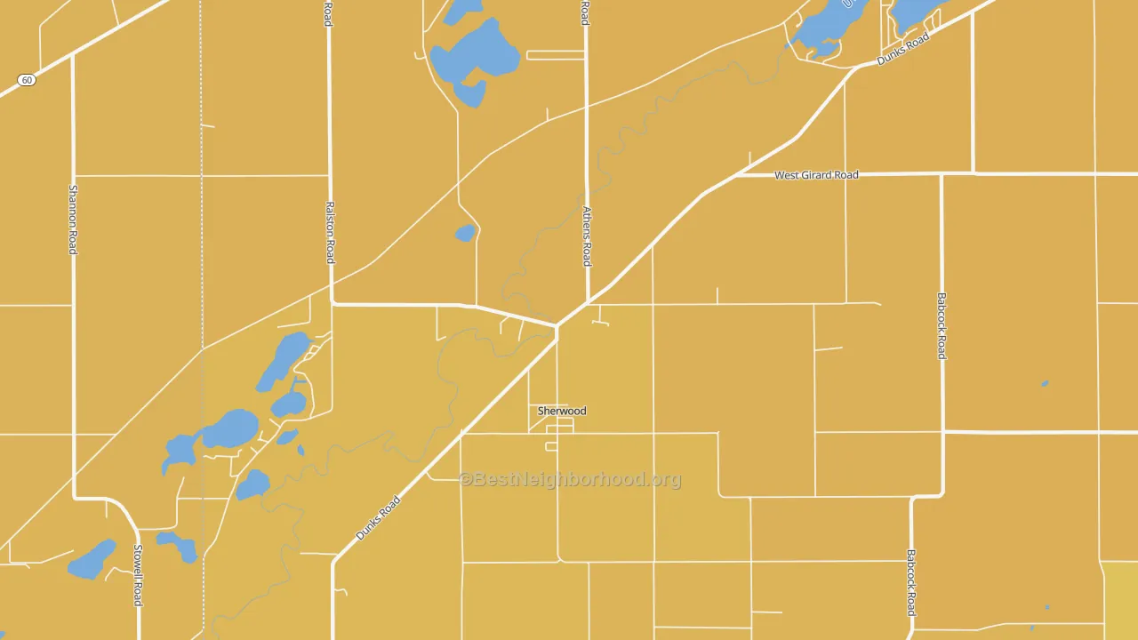 Map of the best neighborhoods in the 49089 area, with better matches in green and worse matches in red