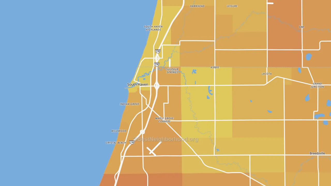 Map of the best neighborhoods in the 49090 area, with better matches in green and worse matches in red