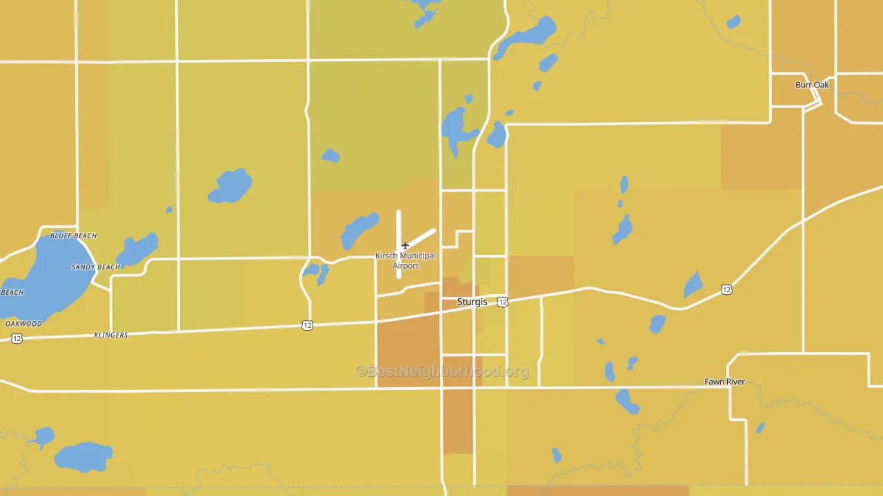 Map of the best neighborhoods in the 49091 area, with better matches in green and worse matches in red