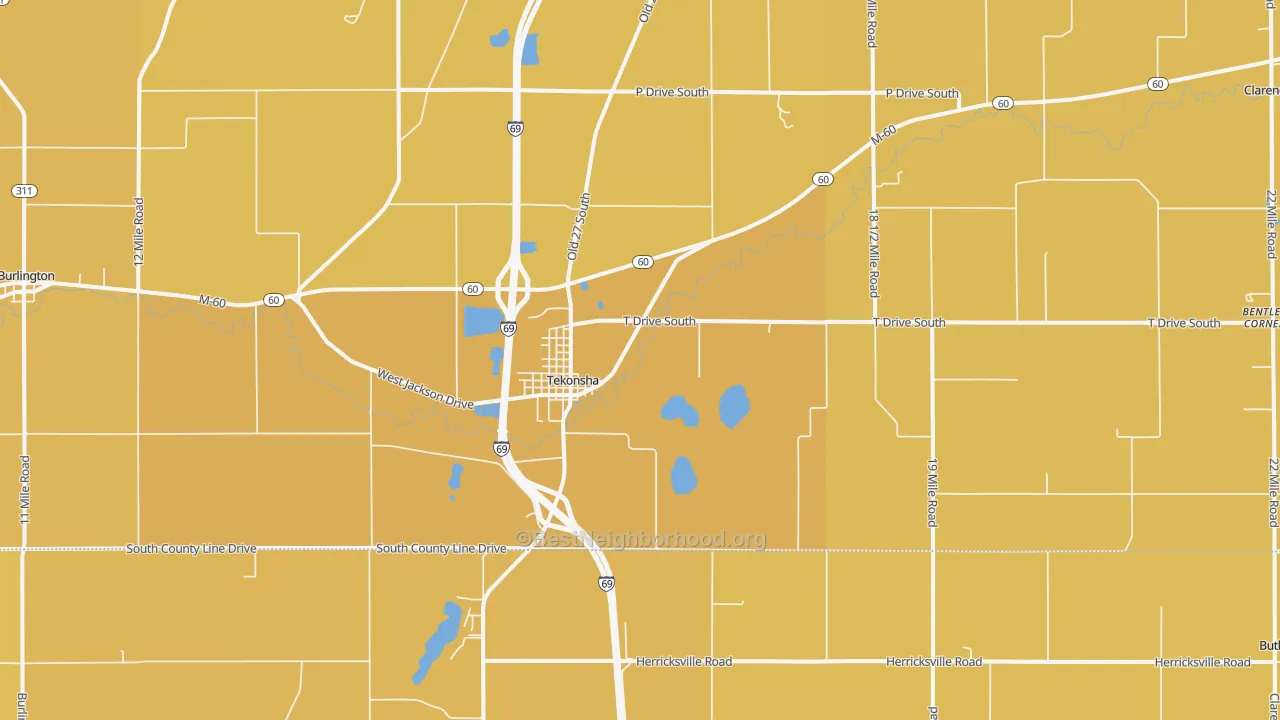 Map of the best neighborhoods in the 49092 area, with better matches in green and worse matches in red