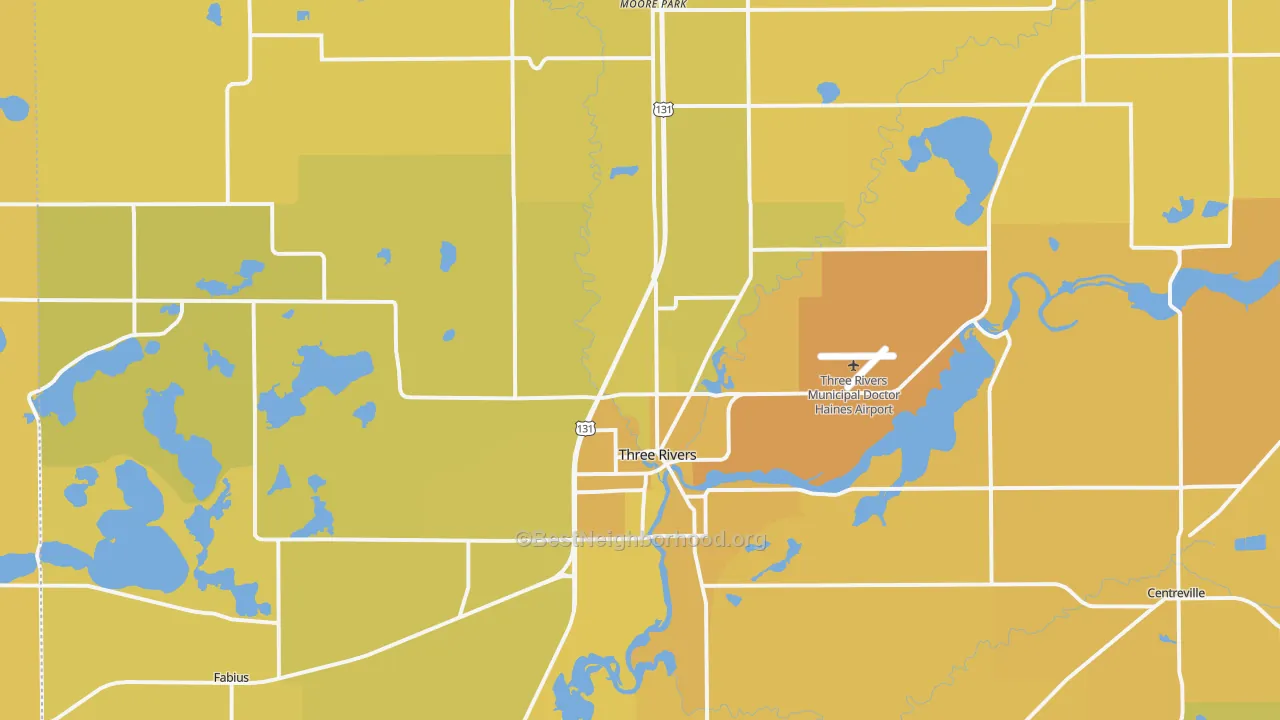 Map of the best neighborhoods in the 49093 area, with better matches in green and worse matches in red