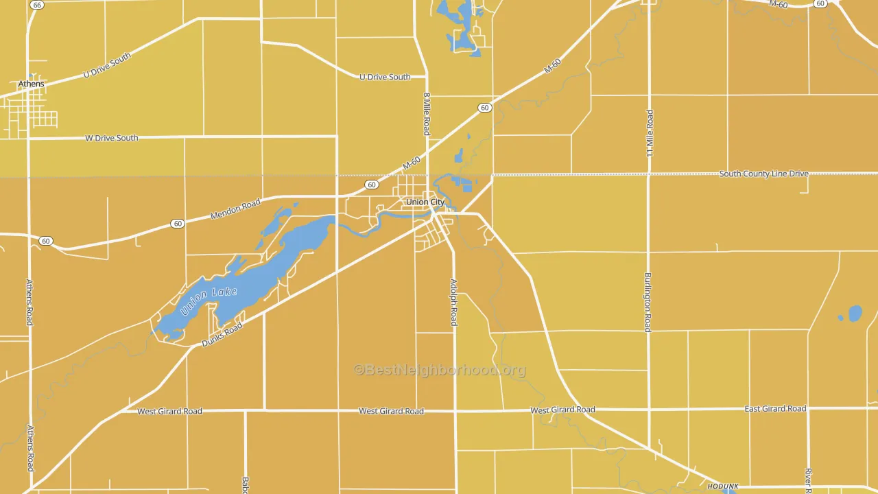 Map of the best neighborhoods in the 49094 area, with better matches in green and worse matches in red